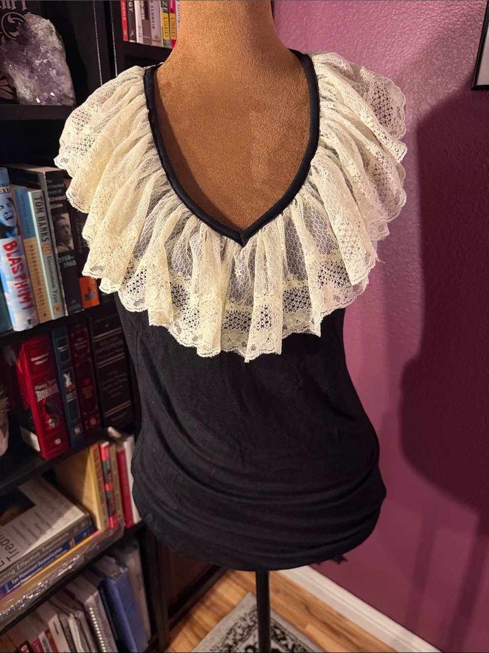 Simply Irresistible Black Tank Top with Cream Lace Ruffle V-Neck